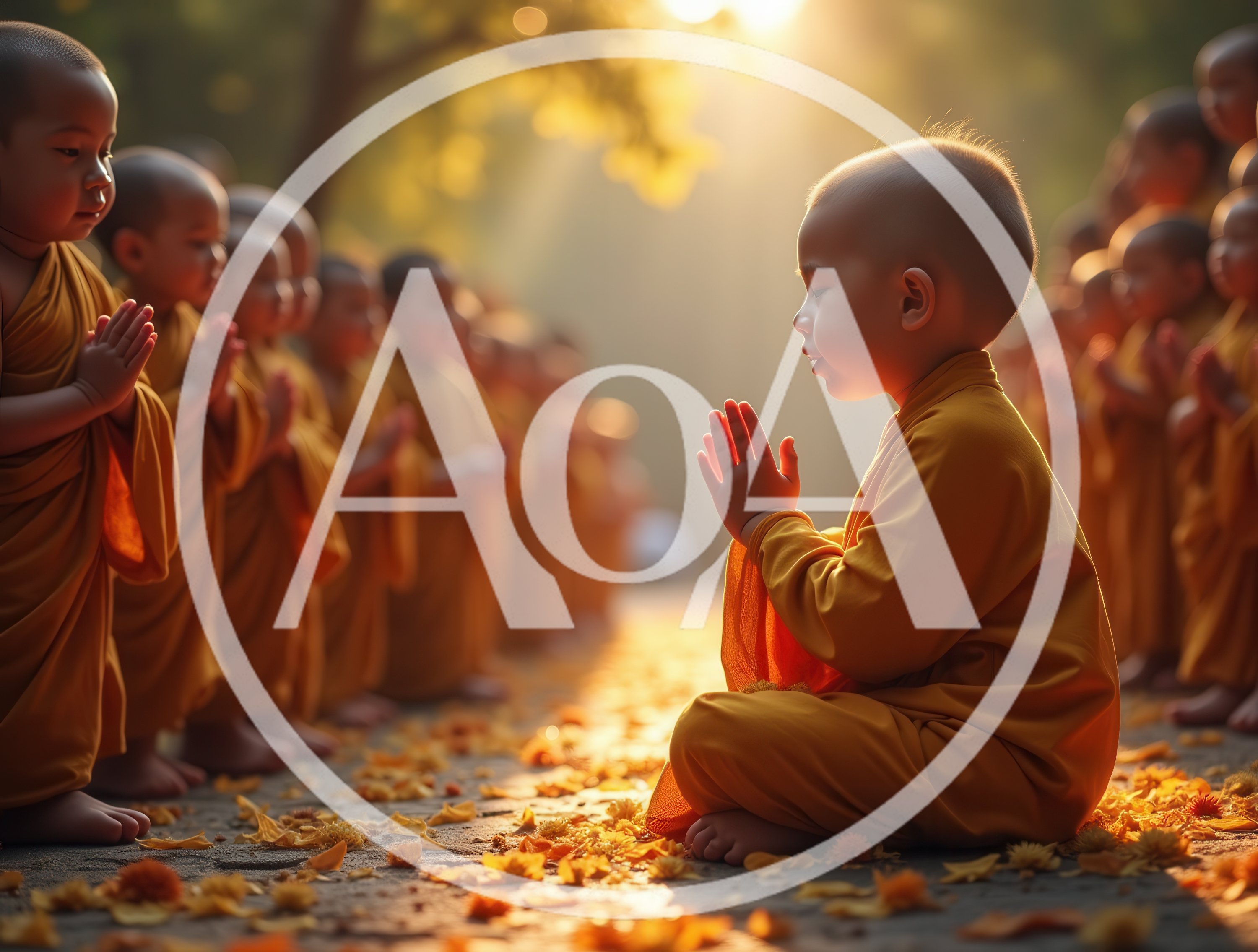 Young Buddhist Monks Praying In A Golden Temple Courtyard