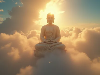 Golden Buddha Statue Meditating Above Clouds
