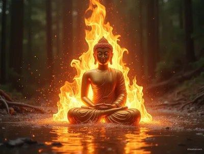 Golden Buddha Statue Meditating Amidst Fire and Water