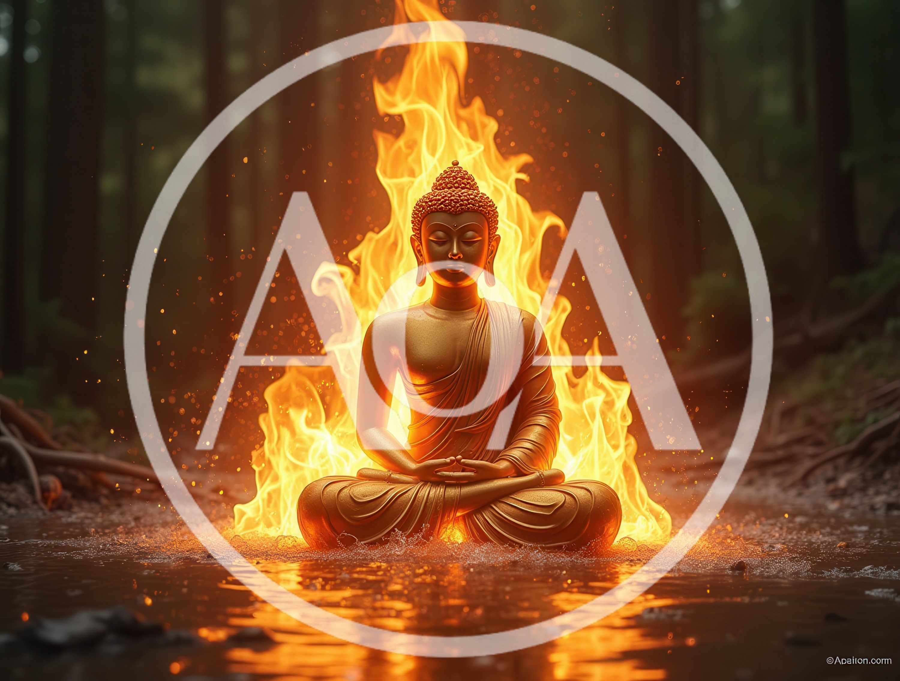 Golden Buddha Statue Meditating Amidst Fire and Water