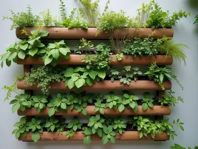 Vertical Wooden Planter Wall With Lush Green Plants