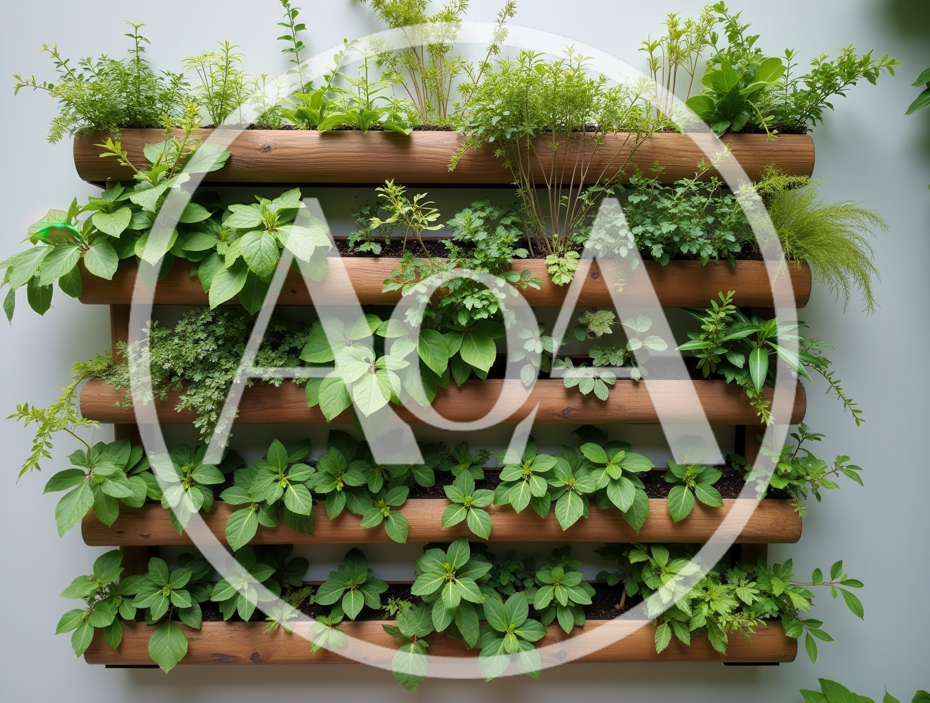 Vertical Wooden Planter Wall With Lush Green Plants
