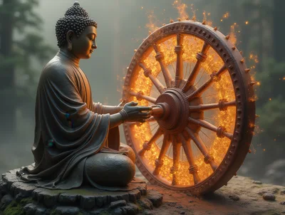 Meditating Buddha Statue With Glowing Dharma Wheel