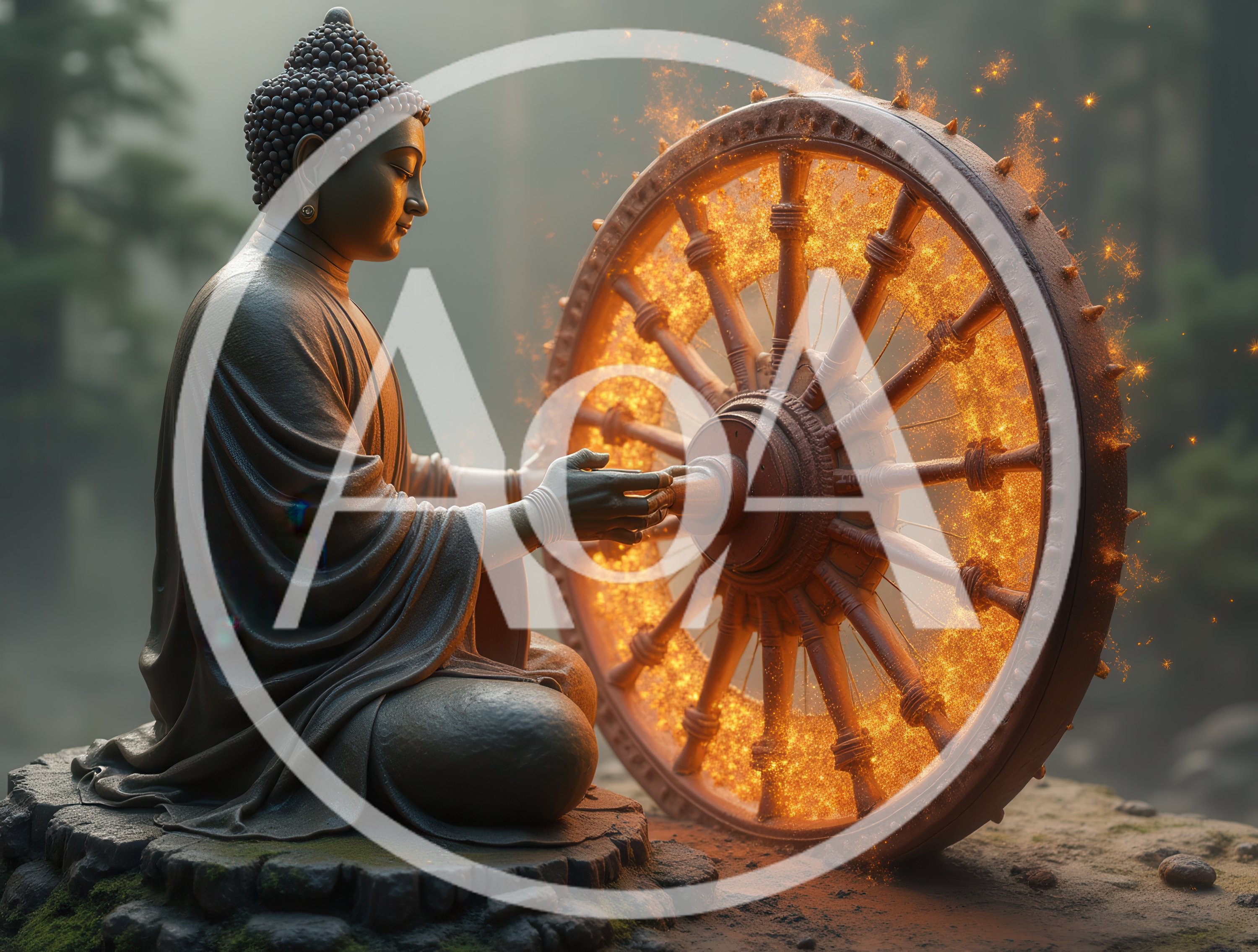 Meditating Buddha Statue With Glowing Dharma Wheel