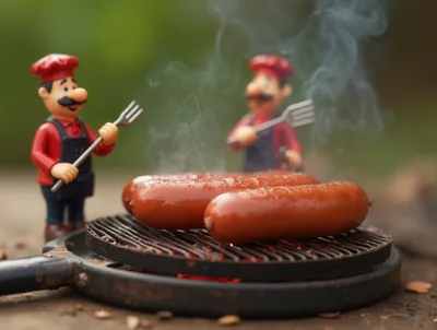 Miniature Chef Figurines Grilling Sausages Outdoors