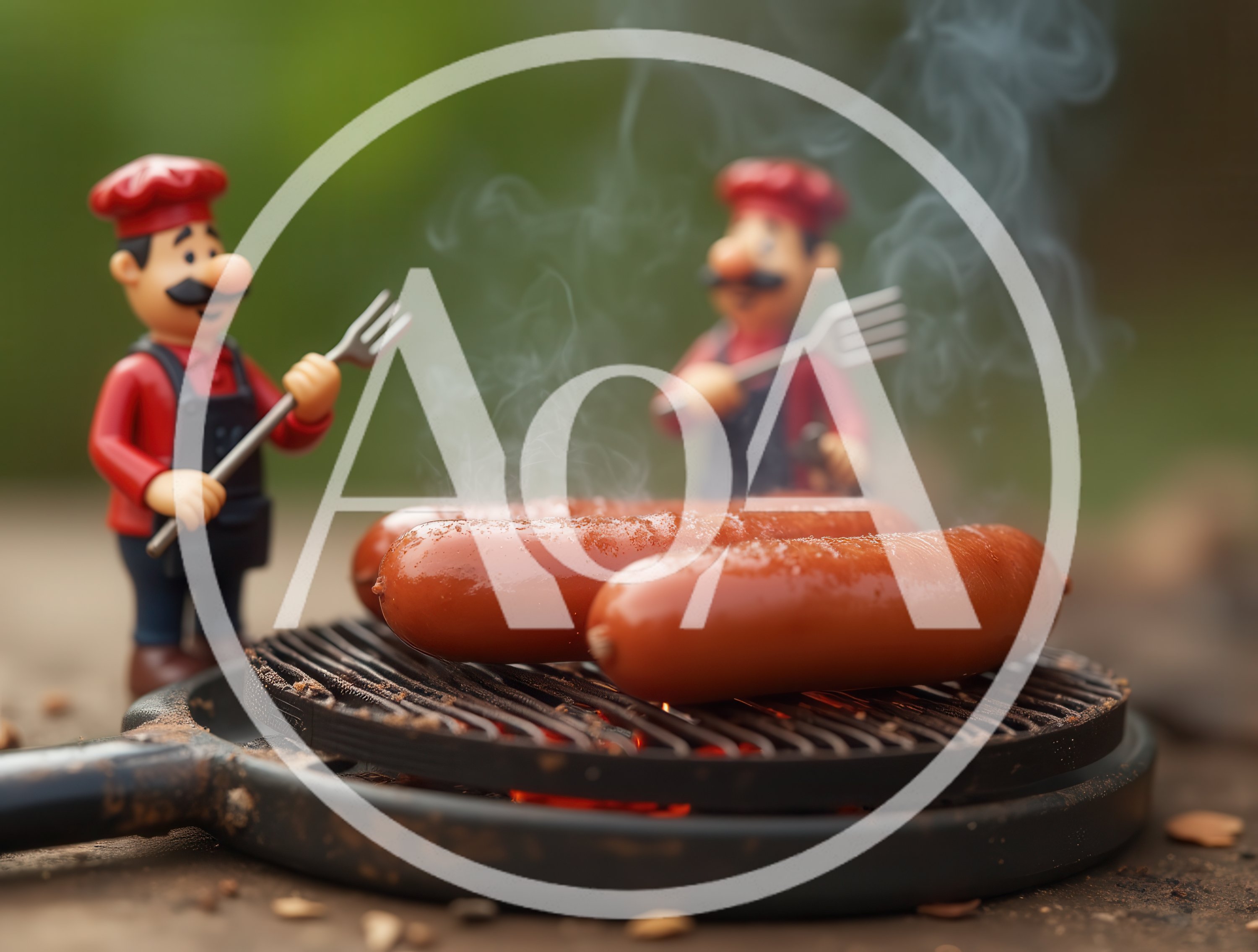 Miniature Chef Figurines Grilling Sausages Outdoors