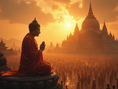 Buddha Statue Meditating Before A Large Temple Complex