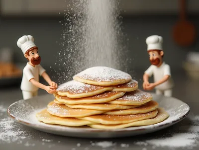 Miniature Chefs Dusting Pancakes With Powdered Sugar
