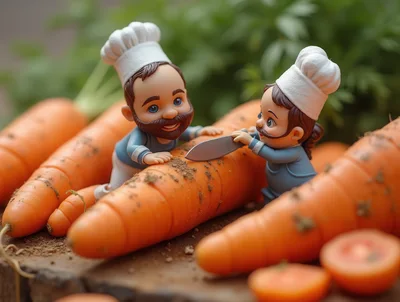 Miniature Chef Figurines Preparing Fresh Carrots