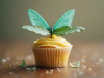 Cupcake Topped With A Decorative Butterfly Made Of Leaves