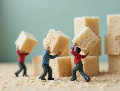 Miniature Figures Carrying Cubes Of Sponge Cake