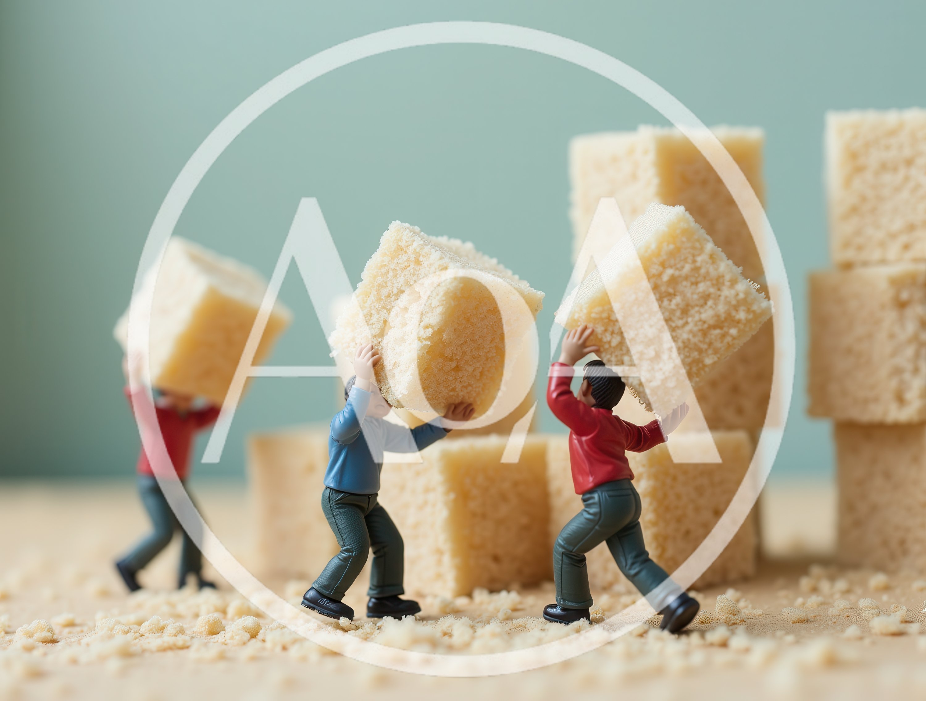 Miniature Figures Carrying Cubes Of Sponge Cake