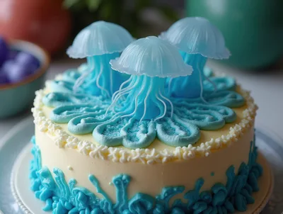 Jellyfish Themed Decorative Cake With Blue Icing