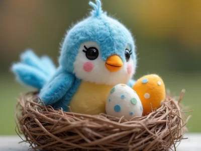 Plush Blue Bird Sitting In A Nest With Easter Eggs