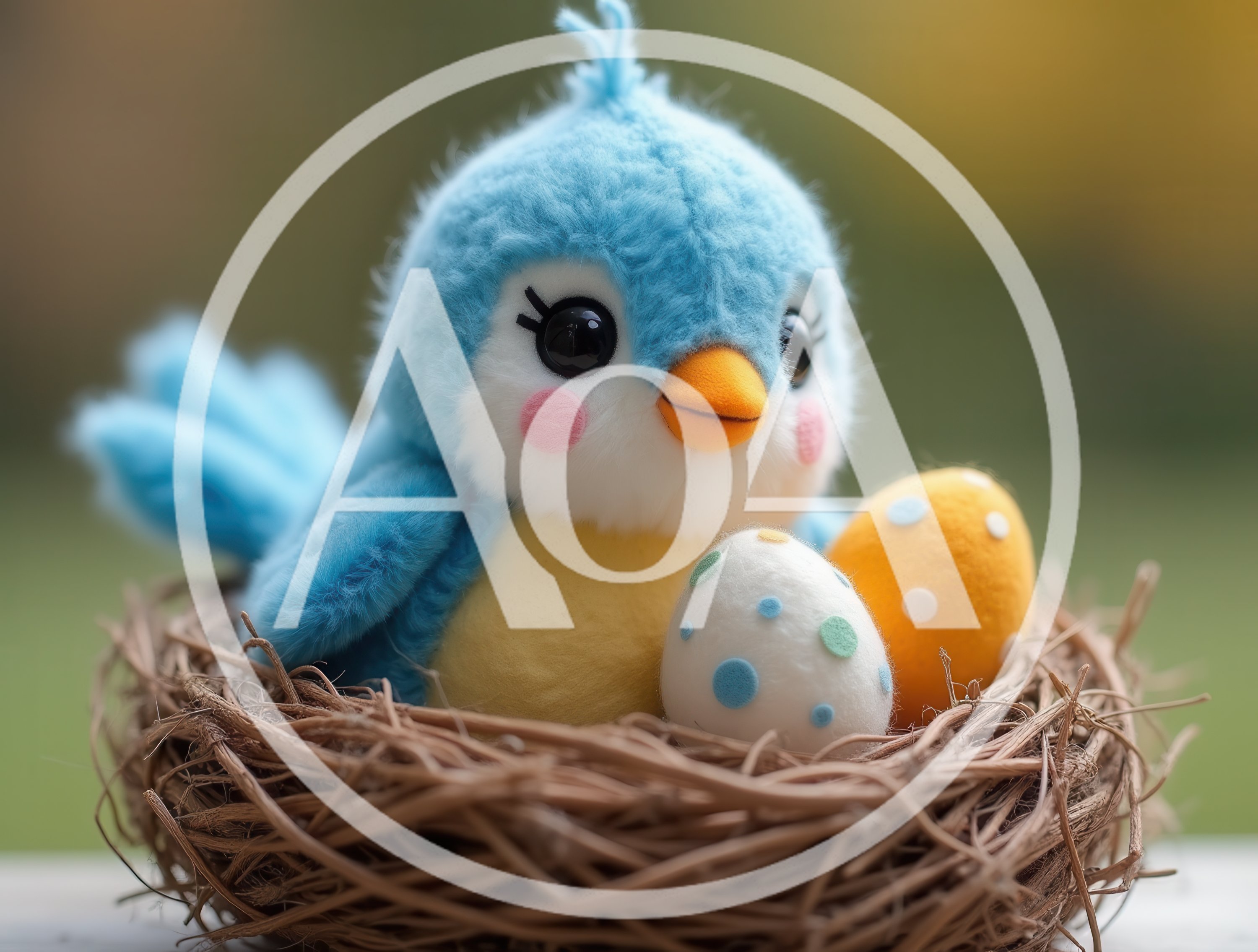 Plush Blue Bird Sitting In A Nest With Easter Eggs