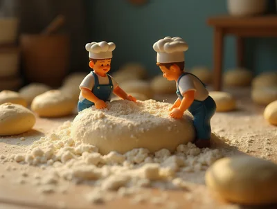 Miniature Chef Figurines Kneading Dough In A Kitchen