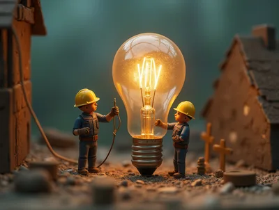 Miniature Construction Workers Installing A Glowing Light Bulb