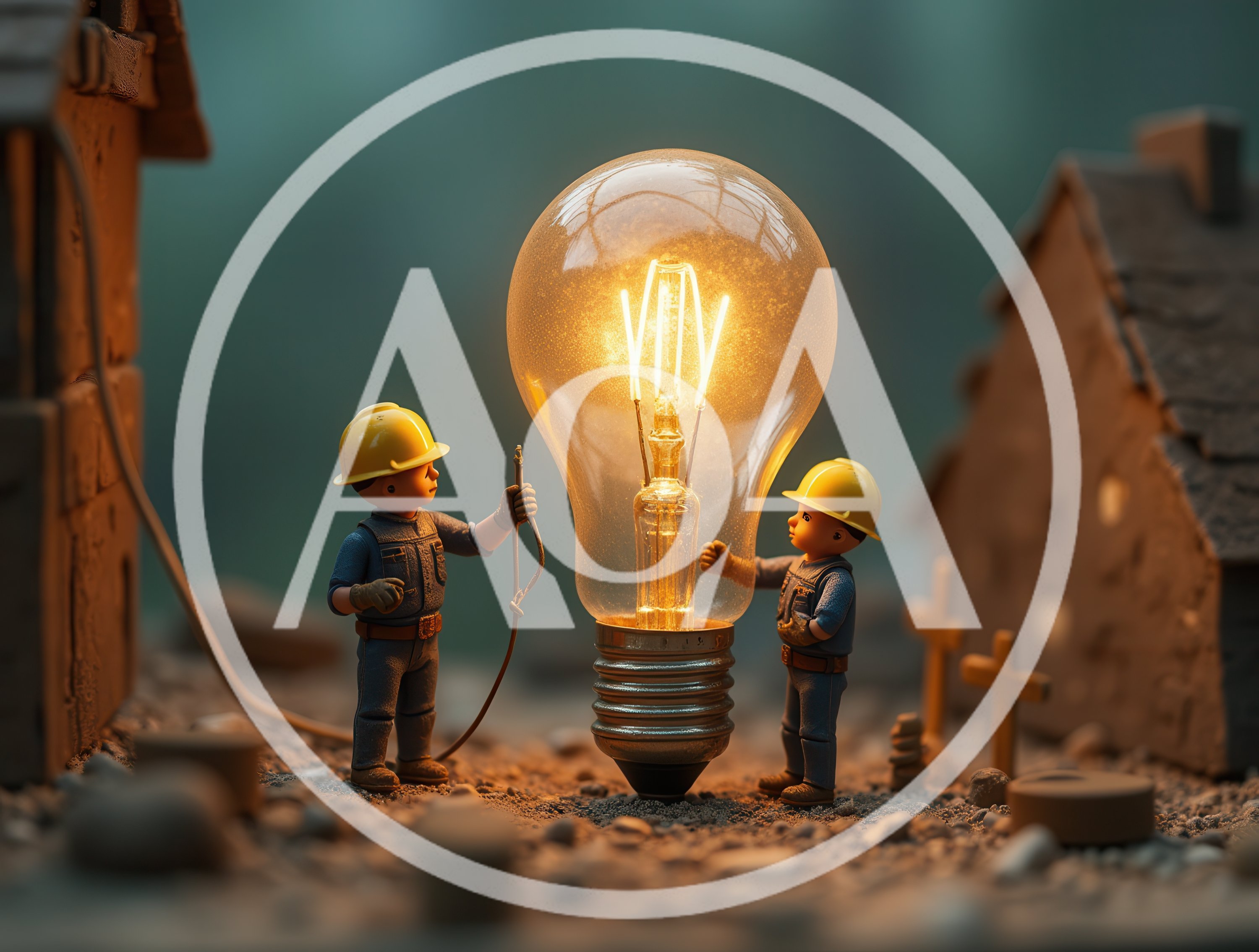 Miniature Construction Workers Installing A Glowing Light Bulb