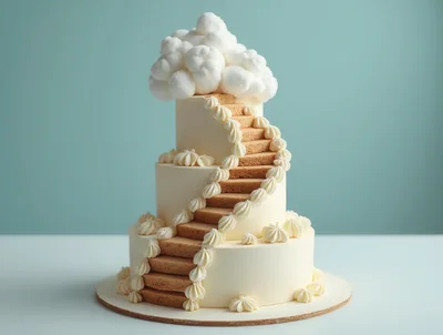 Three Tiered Cake With Spiral Staircase And Cloud Topper