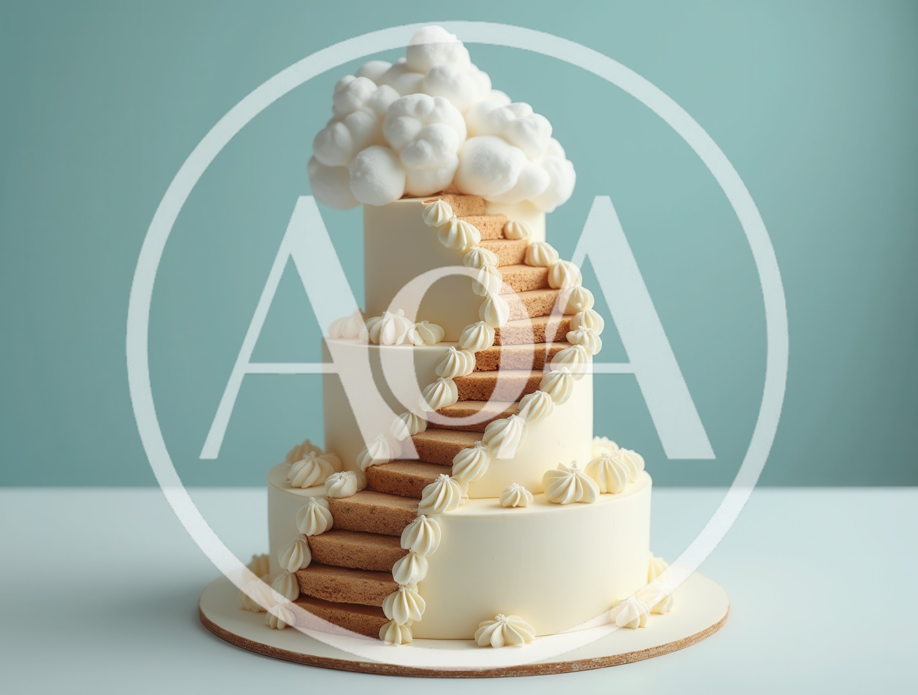 Three Tiered Cake With Spiral Staircase And Cloud Topper