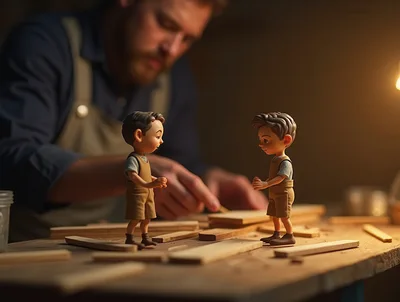 Miniature Figurines Of Boys In A Woodworking Workshop