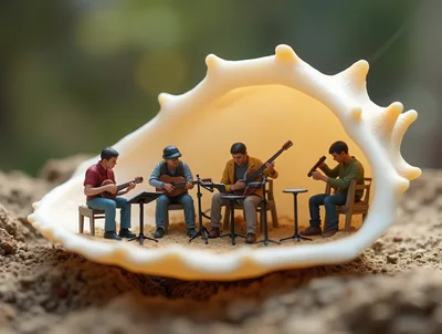 Miniature Musicians Performing Inside A Large Seashell