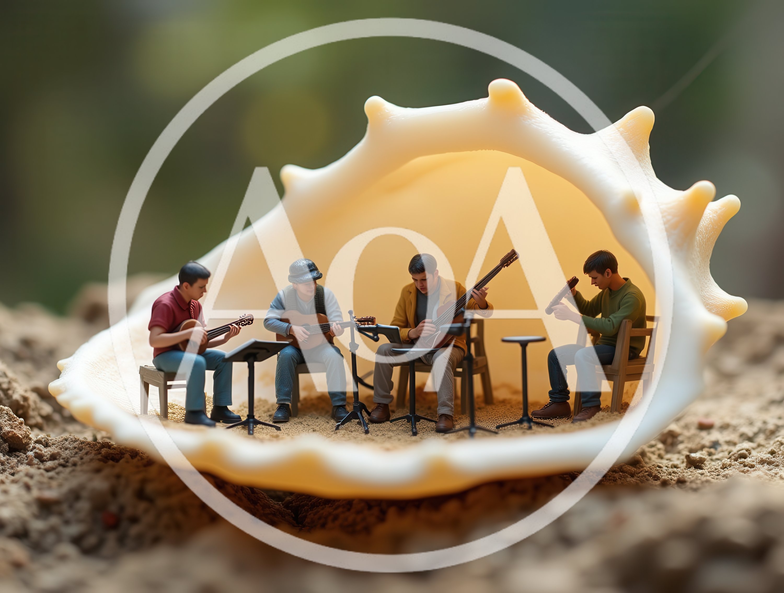 Miniature Musicians Performing Inside A Large Seashell