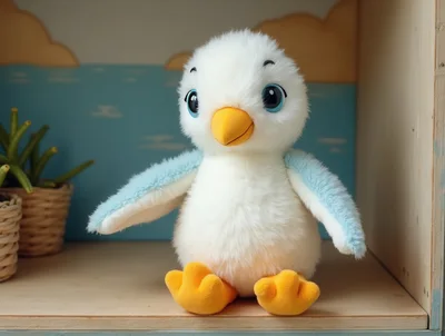 Cute Plush Seagull Toy Sitting On A Wooden Shelf