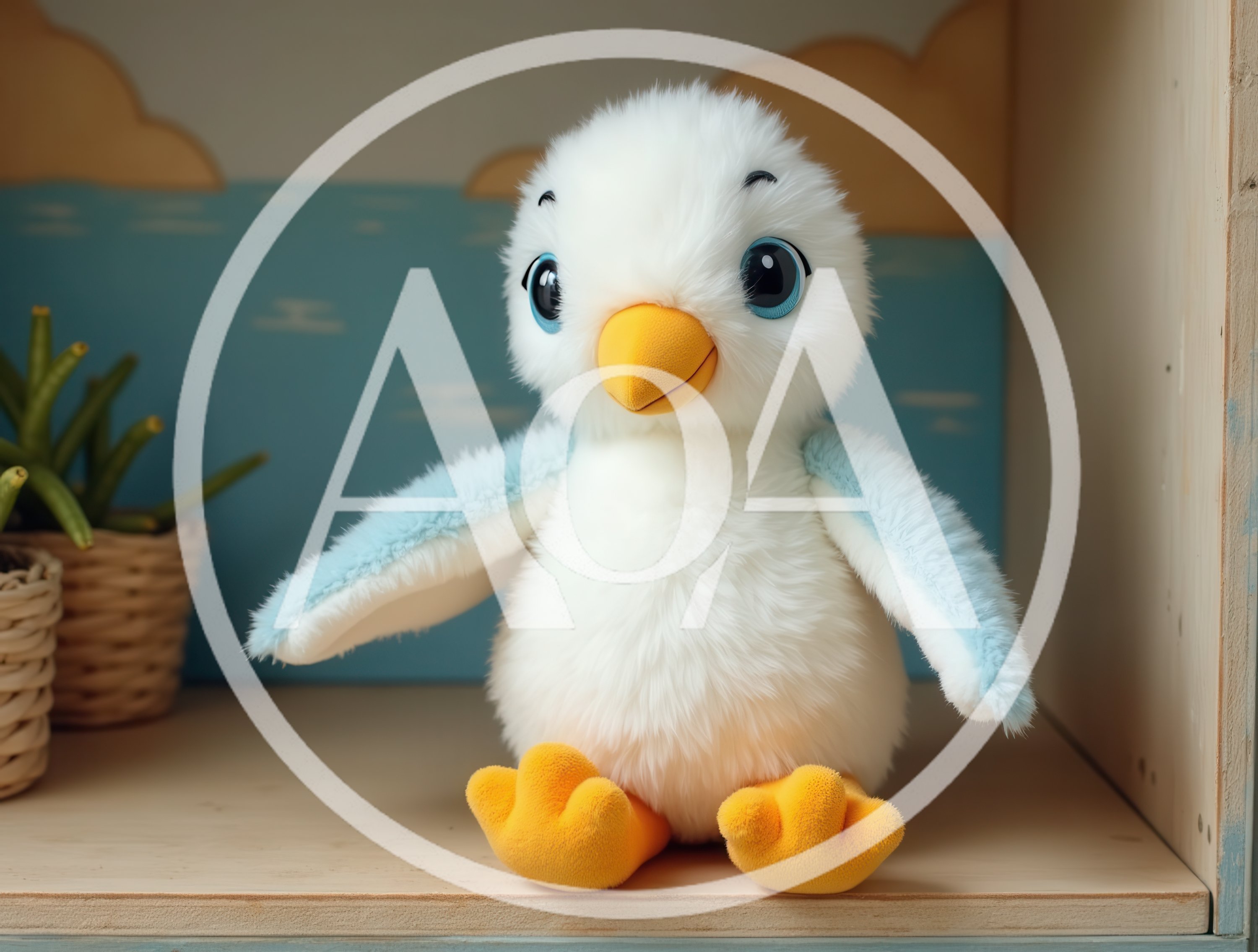 Cute Plush Seagull Toy Sitting On A Wooden Shelf