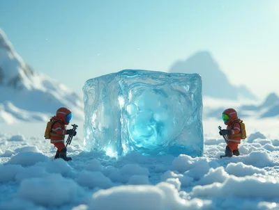 Astronauts Examining A Large Glowing Ice Cube