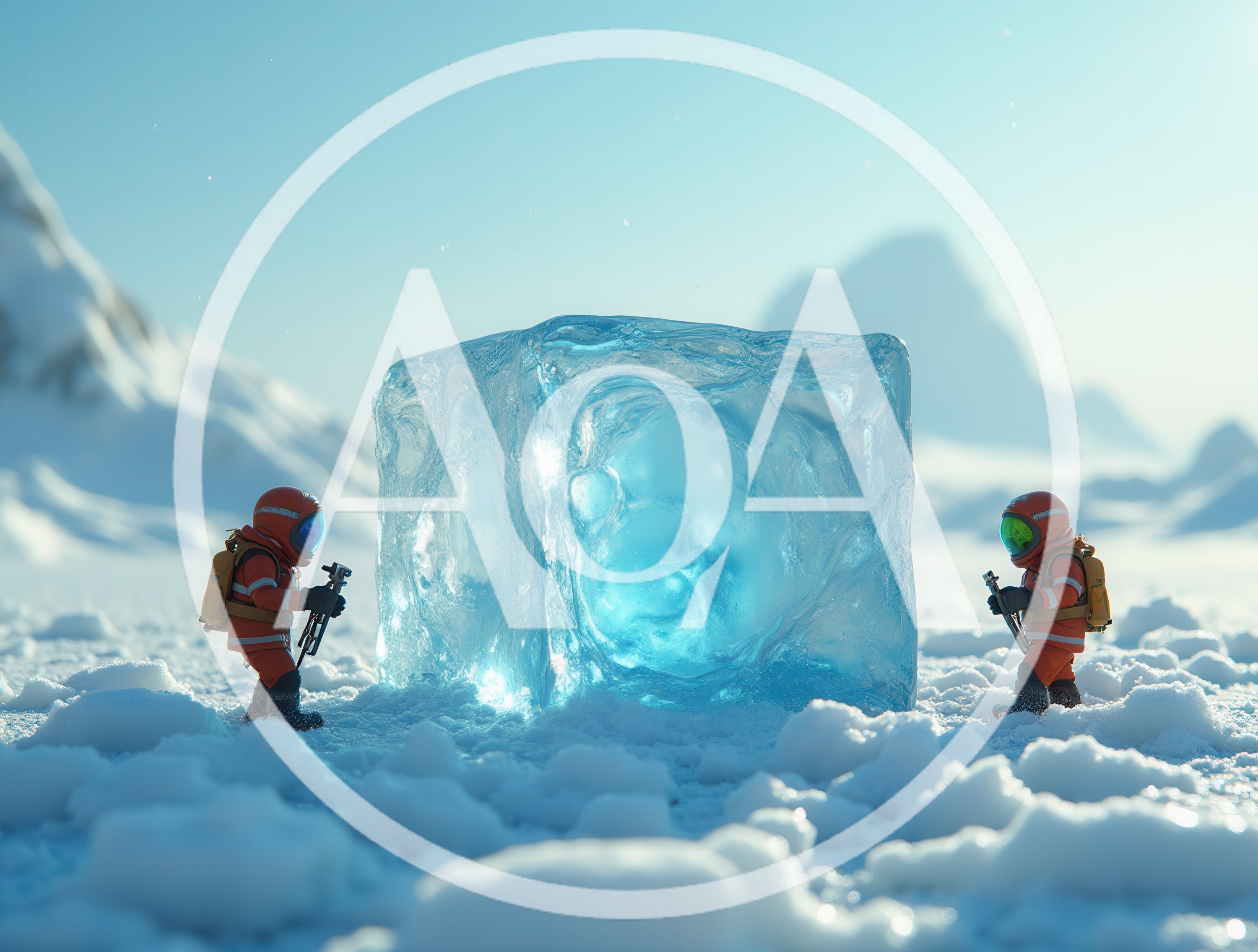 Astronauts Examining A Large Glowing Ice Cube