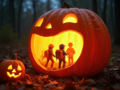 Miniature Children With Backpacks Inside A Giant Jack O Lantern