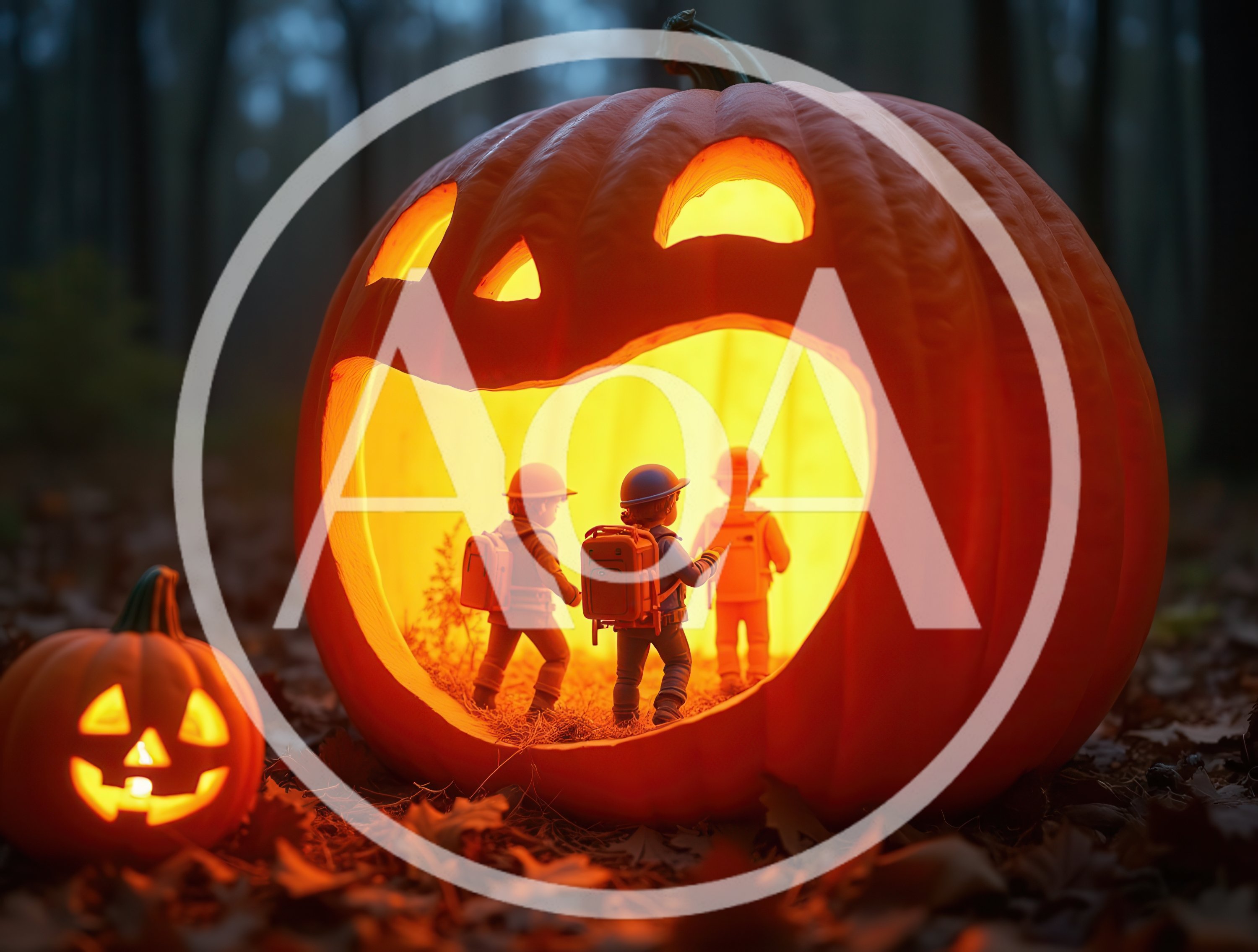 Miniature Children With Backpacks Inside A Giant Jack O Lantern