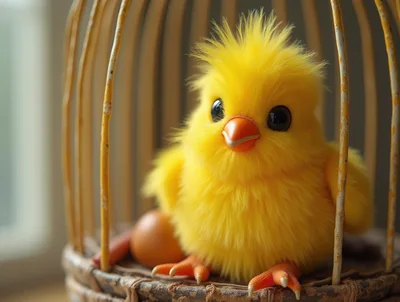Fluffy Yellow Chick Sitting Inside A Decorative Birdcage