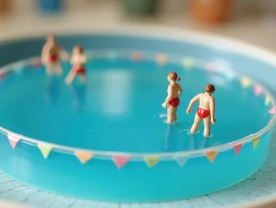 Miniature Figurines Swimming In A Small Blue Pool