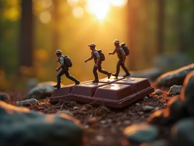 Miniature Hikers Walking Across A Chocolate Bar