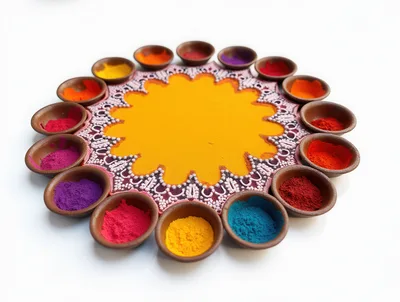Colorful Rangoli Powder In Clay Bowls For Diwali