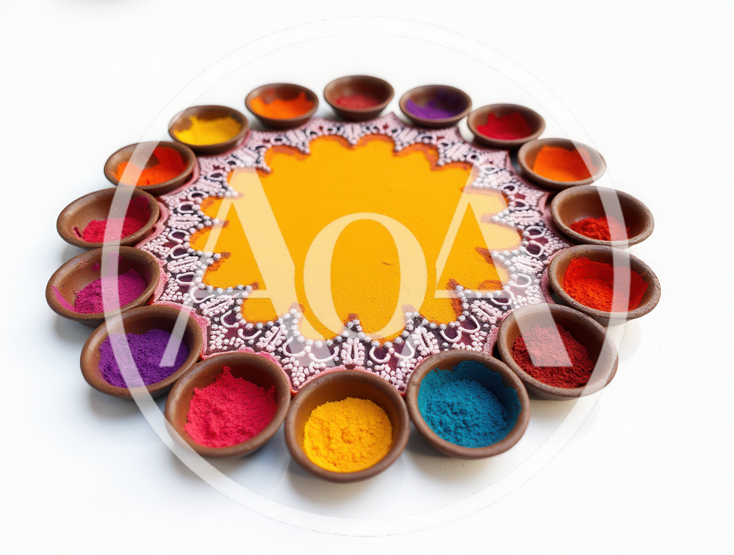 Colorful Rangoli Powder In Clay Bowls For Diwali