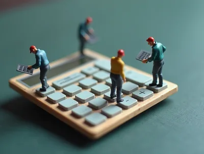 Miniature Workers Standing On A Large Calculator