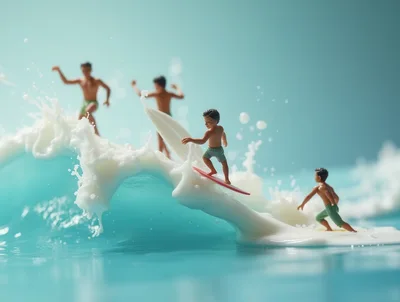 Miniature Figurines Surfing On A Milk Wave