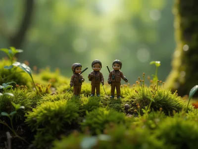 Miniature Explorer Figurines Standing In Lush Mossy Forest