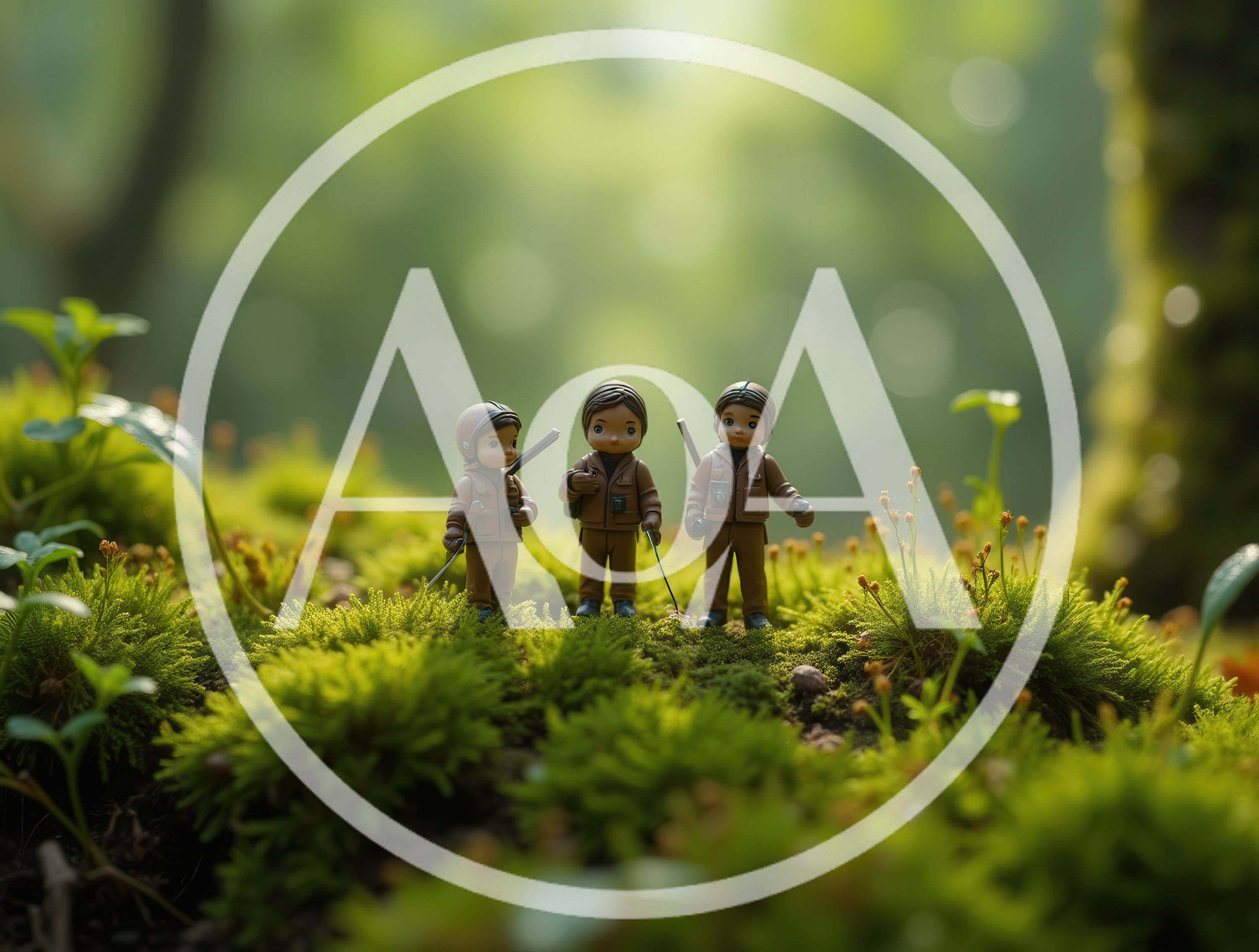 Miniature Explorer Figurines Standing In Lush Mossy Forest