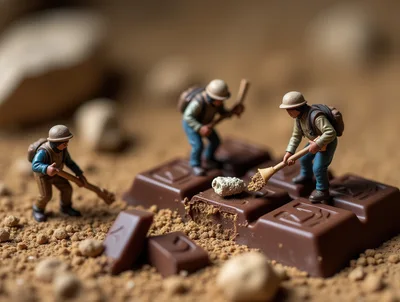 Miniature Figurines Mining On A Chocolate Bar