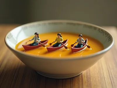 Miniature People Rowing Canoes in a Bowl of Soup