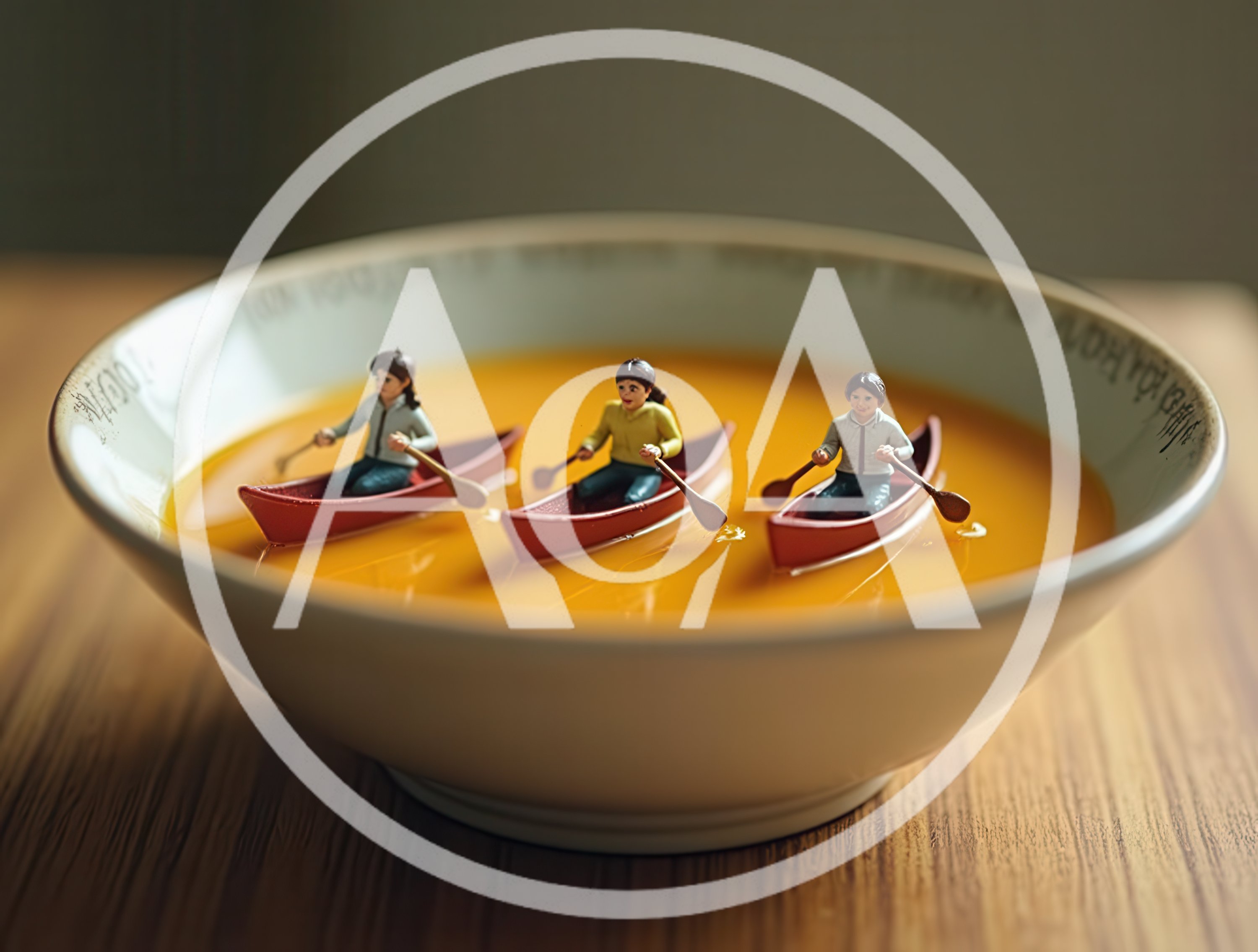 Miniature People Rowing Canoes in a Bowl of Soup