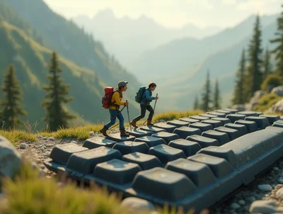 Miniature Hikers Trekking Across A Giant Computer Keyboard