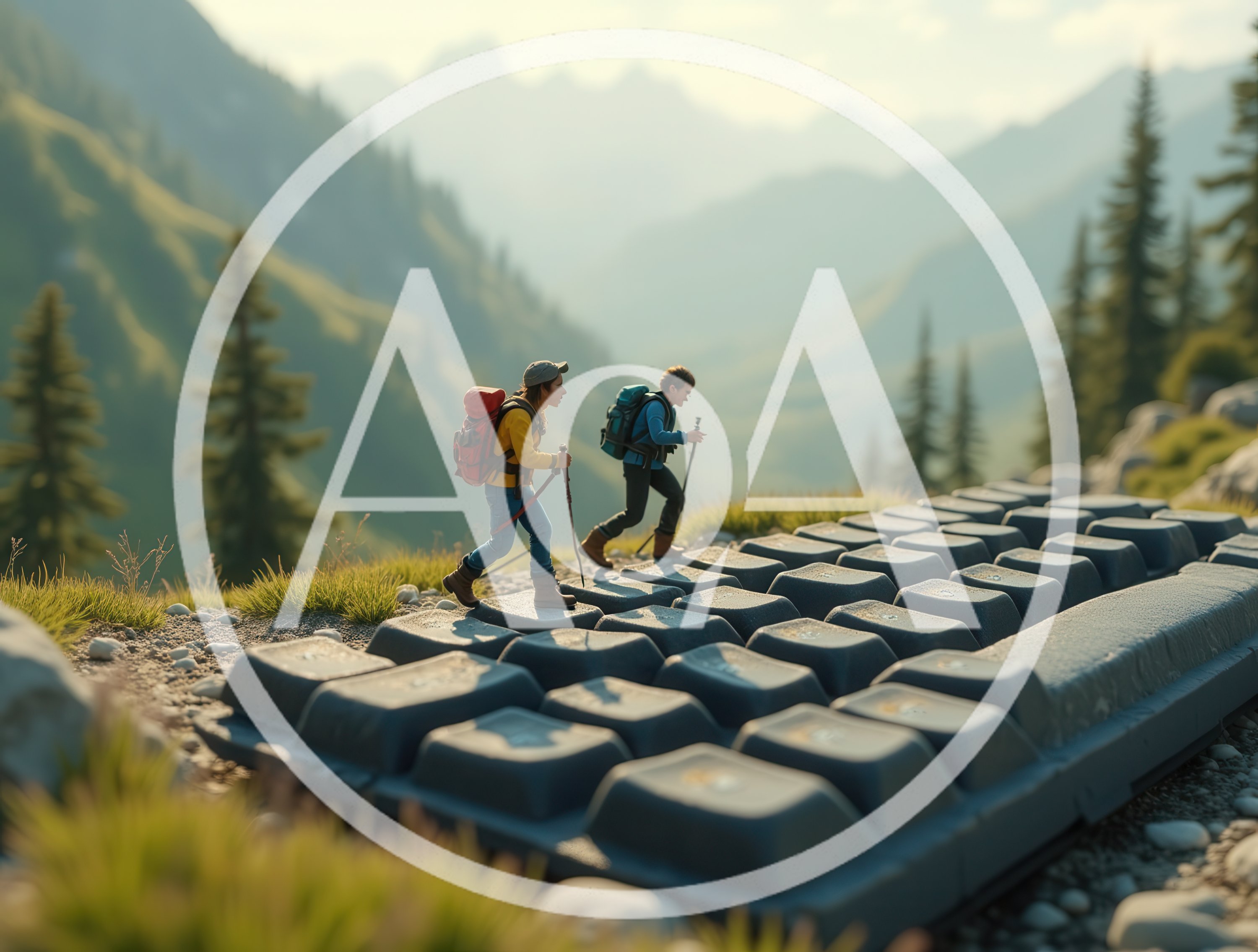 Miniature Hikers Trekking Across A Giant Computer Keyboard