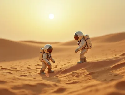 Two Astronauts Walking Across A Martian Desert Landscape
