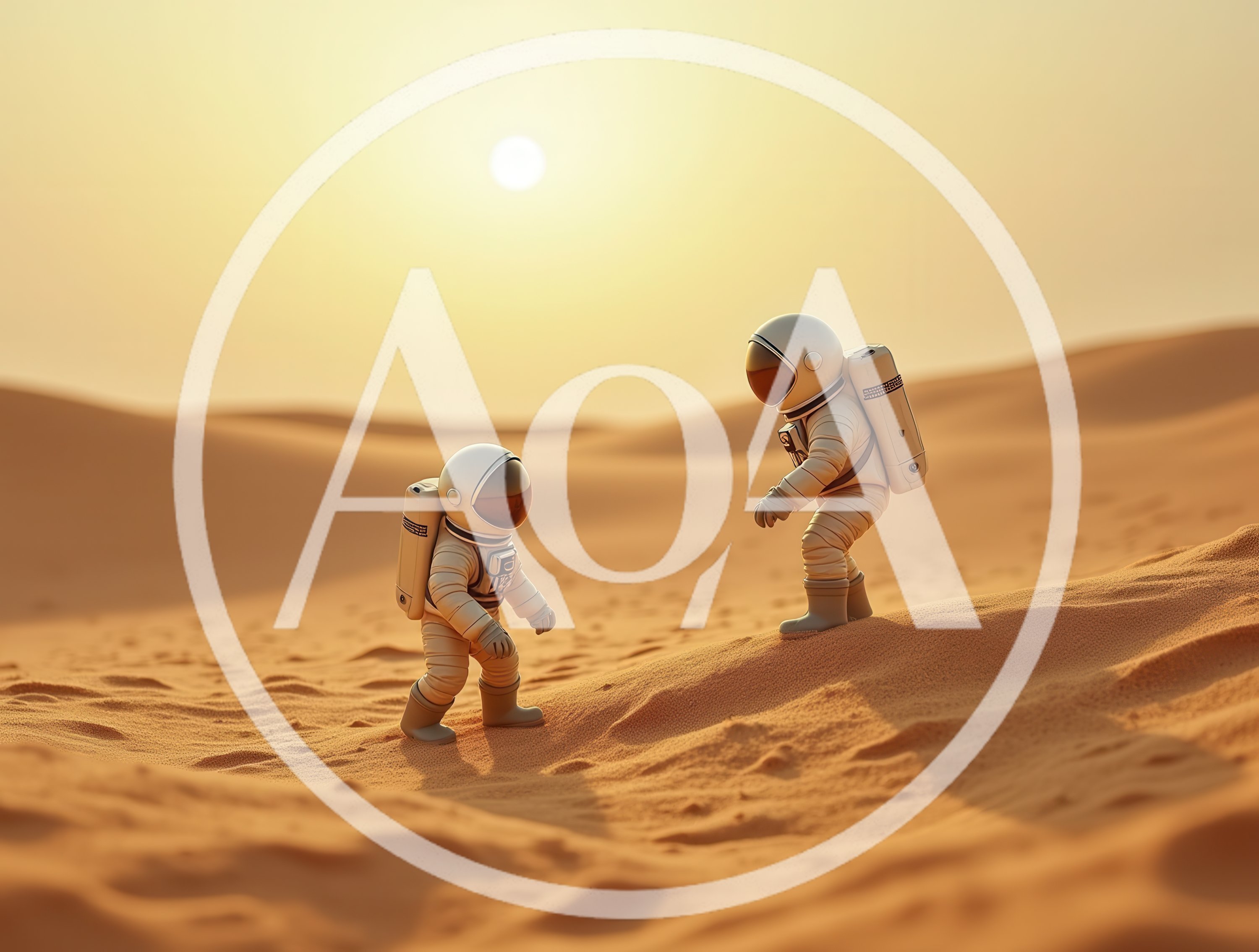 Two Astronauts Walking Across A Martian Desert Landscape