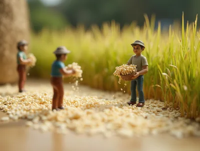 Miniature Figurines Harvesting Grain In A Field